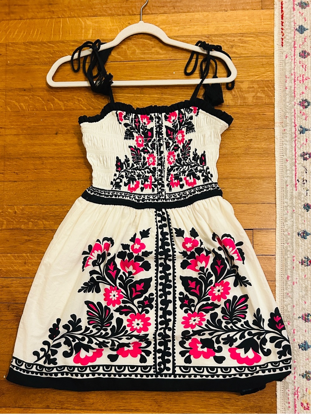White Sundress with Pink & Black Floral Embroidery